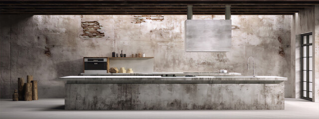 Industrial minimalist kitchen interior with concrete walls and countertops, wooden ceiling beams and large windows