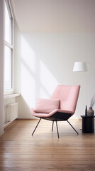 Pink armchair and black side table in bright interior with large windows in Scandinavian style