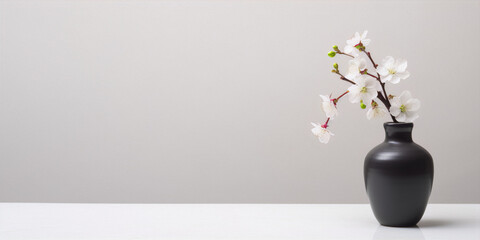 Delicate cherry blossoms in a minimal black vase on a white table against a pale gray background.