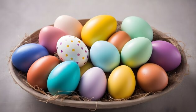 Colorful painted multitude of chocolate easter eggs, iced sugar on them