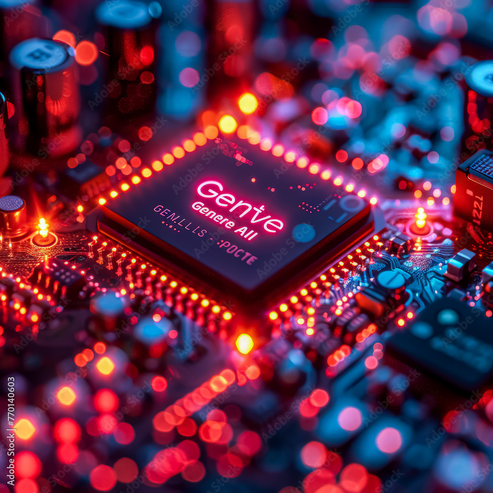 Poster a computer chip with the word generate on it. the chip is surrounded by a red glow