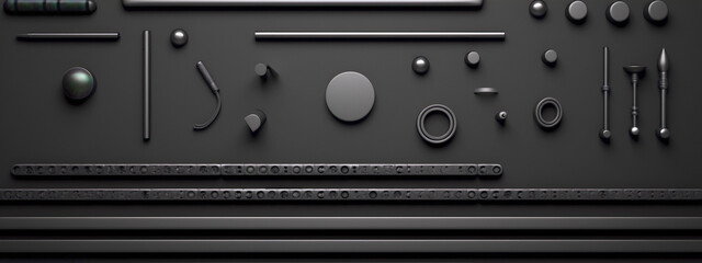 3D render of various black objects on a black surface including spheres, cubes, and other shapes with a minimalist and abstract style.