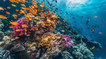 A vibrant coral reef teeming with colorful fish and marine life, beneath crystal-clear turquoise...