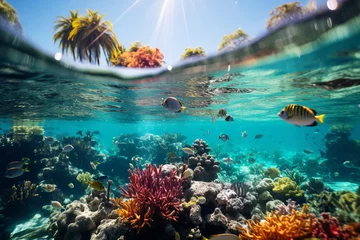 Fototapeten fresh and pure human with A mesmerizing tapestry of life unfolds within vibrant coral reef, as a bustling community of fish, with their diverse species and schools, creates a lively underwater neighbo © Andreww