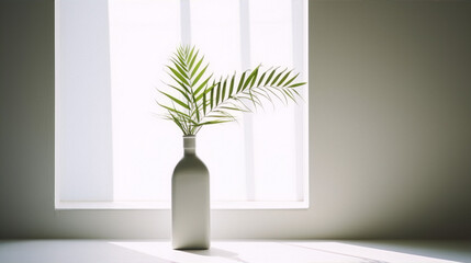 Minimalist still life photography of a white vase with green leaves on a white table in front of a bright window.
