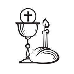 holy communion icon with chalice, candle and bread isolated on white background
