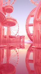 Pink translucent futuristic city with a Ferris wheel made of glass and metal.