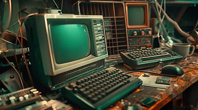 Vintage Computers and Electronics on a Cluttered Desk with Ai generated.
