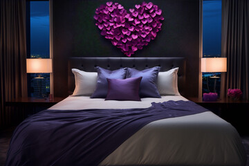 Purple heart-shaped ornament above purple and white bedding in a modern bedroom.