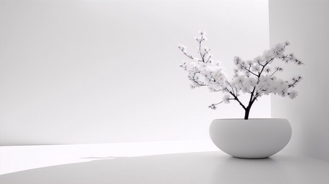 3D rendering of a white flower plant in a white pot in a white room with white walls and white floor in a minimalist style