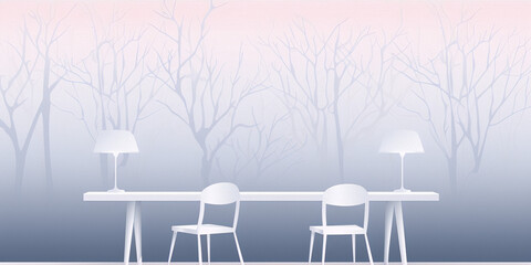 Minimalist blue and white illustration of a foggy forest with a table and two chairs in the foreground.