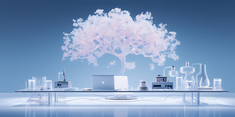 futuristic laboratory with a tree growing on the table,3d rendering, blue and white colors, interior design, surrealism
