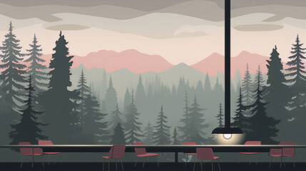 Cafe interior with large windows looking out onto a forest landscape, pink and gray color scheme, flat design, vector illustration