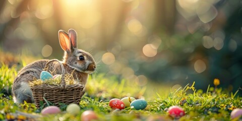 Easter bunny next to a basket with colorful eggs
