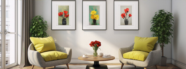 3 framed paintings of red and yellow flowers in black frames above 2 yellow armchairs and a round table with a vase of red flowers on a gray rug in a bright room with a large window