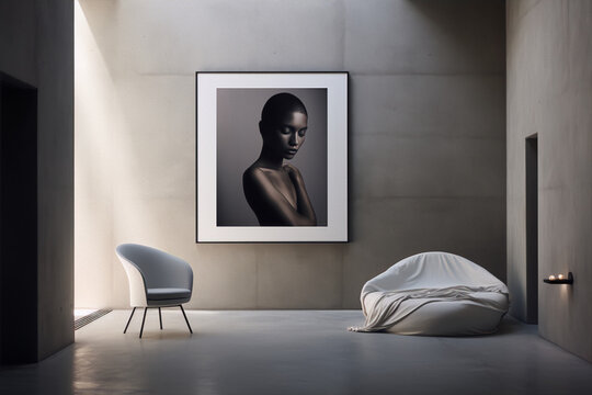 Fine art photography of a black woman in a minimalist interior space with a large concrete wall , featuring a modern chair and a white draped lounger