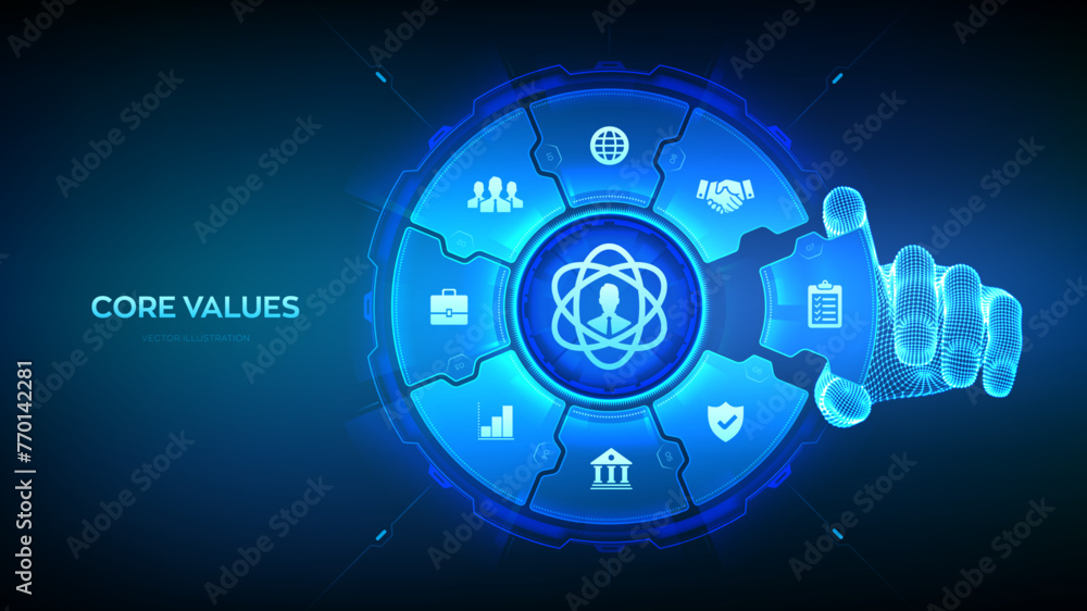 Poster core values infographic. responsibility ethics goals company business concept on virtual screen. wir