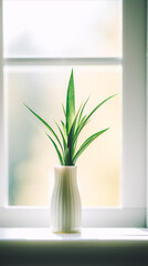 Closeup of a green plant in a white vase sitting on a white window sill with a blurred background in the interior of a house in a still life style