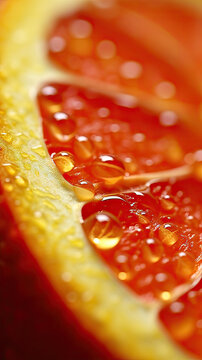 Fragment of halved orange with juice drops. Vertical picture of healthy fruit, mandarin oranges, vitamin C, refreshing water droplets