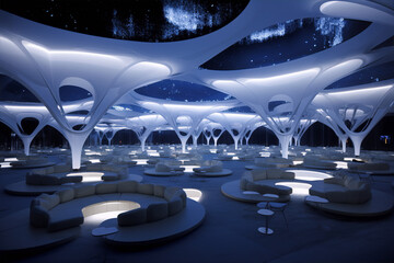 Futuristic white organic architecture interior with blue lighting and starry night sky
