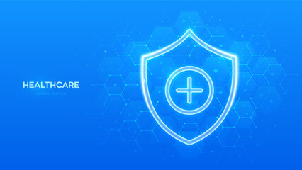 Protection shield with medical cross sign. Healthcare, Medical services. Life insurance symbol. Virus protection. Health care, Medicine. Blue medical background with hexagons. Vector illustration.