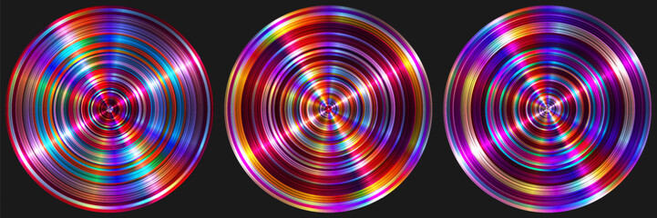 Set of colorful circular anisotropic surfaces. Abstract concentric brushed metal plates for creative geometric cover, music flyer, banner, poster. Round scratched shiny discs it pink tones. Vector