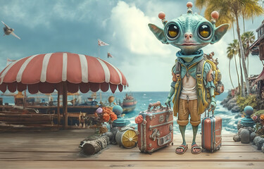 funny cutest alien with huge eyes having vacation travel  trip.  Digital artwork.  Ai generated - 770142458