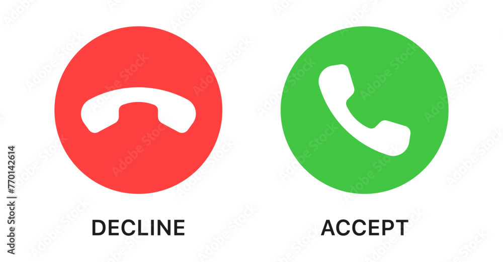 Poster phone call icon answer, accept and decline call icons with green and red buttons , contact us teleph
