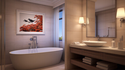 Bathroom interior in beige and brown colors with a large bathtub, picture of two black birds on a branch with red leaves, and a large window