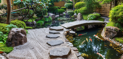 A tranquil Japanese tea garden with a winding stone path, a wooden bridge, and a serene koi pond.