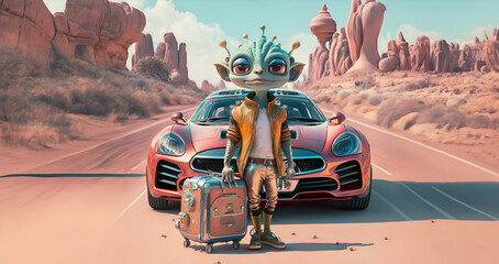 funny cute male alien posing before his  car against canyon.  Digital artwork.  Ai generated - 770142841