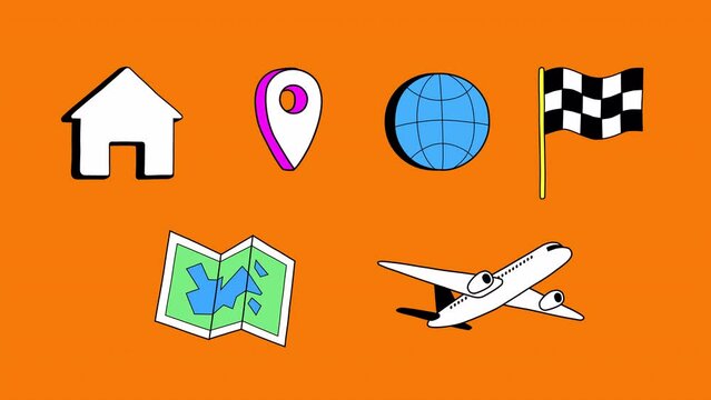 Travel navigation cartoon animations on a transparent background. Home, location pin, earth, finish flag, map, plane. Hand drawn outline comic style.