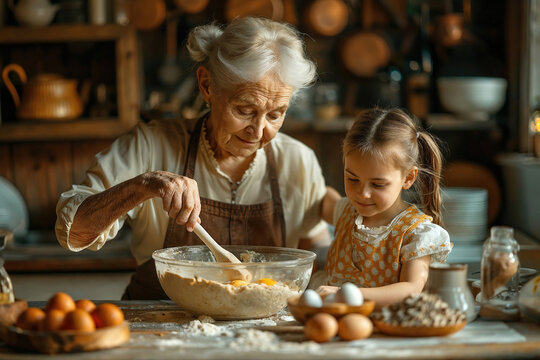 Grandmother and granddaughter baking together. Generative AI image