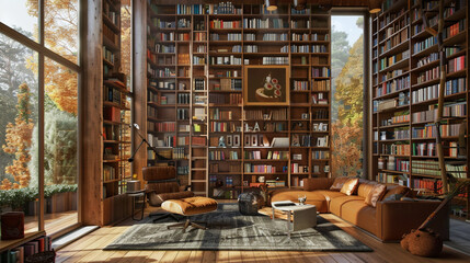 A contemporary home library with floor-to-ceiling bookshelves, a cozy reading nook, and a sliding ladder.