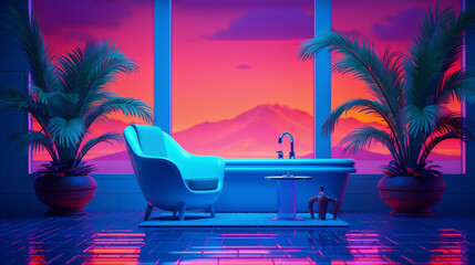 Synthwave style bathroom interior with blue bathtub and pink neon lights - obrazy, fototapety, plakaty