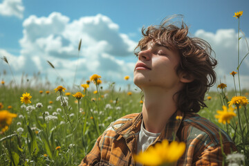 Youth basking in sunny flower field with blue sky. Generative AI image