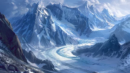 Poster A majestic glacier winding its way down a rugged mountain slope, with icy blue crevasses and jagged peaks © Image Studio