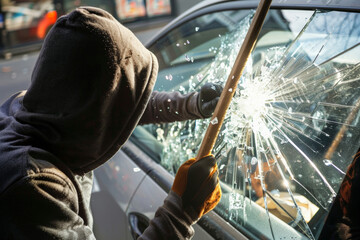 Hooded Figure Breaking Car Window with Tool in Bright Daylight - obrazy, fototapety, plakaty