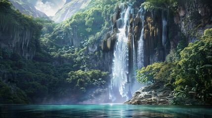 A majestic waterfall cascading down rugged cliffs into a pool below, surrounded by lush greenery