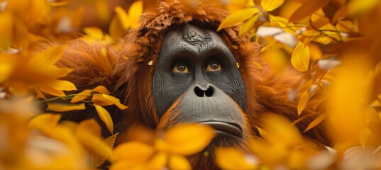 Orangutans curiously exploring the lush canopy of the dense jungle with intriguing behavior © Ilja
