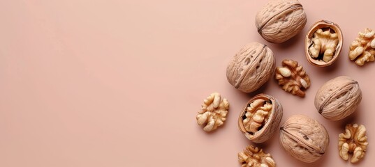 Assorted nuts on light brown backdrop with generous area for customizable text placement - obrazy, fototapety, plakaty