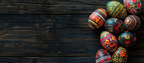 Decorated Easter eggs called Pysanka on a black wooden background with copy space and viewed from the top