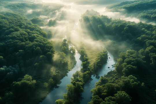 Misty river winding through a lush forest at sunrise. Generative AI image