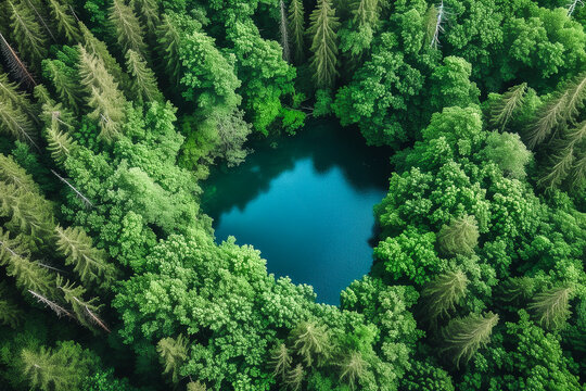 Aerial view of a heart-shaped lake surrounded by forest. Generative AI image