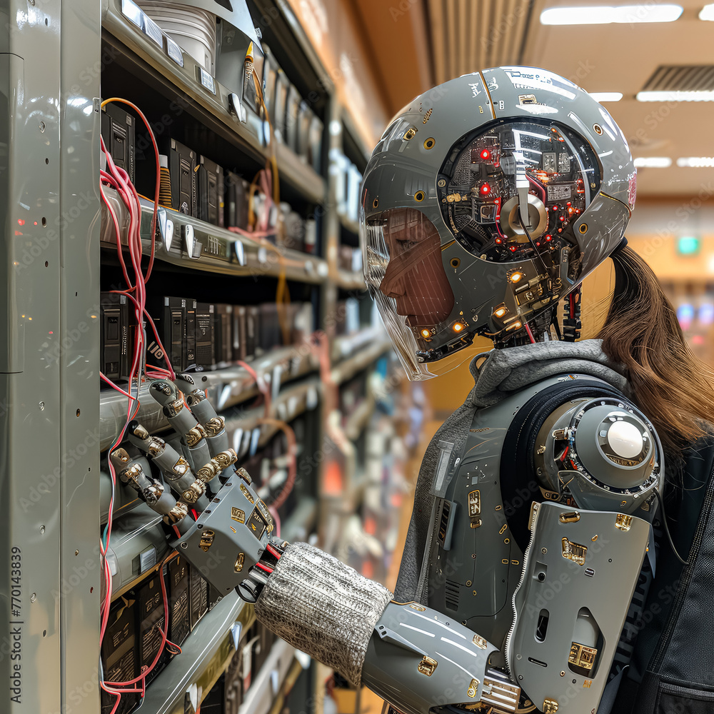 Poster a robot is looking at a shelf with a box in front of it. the robot is wearing a gray helmet and has 