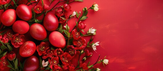 Easter-themed backdrop featuring vibrant red Easter eggs and blooming spring flowers, viewed from the top with room for text.