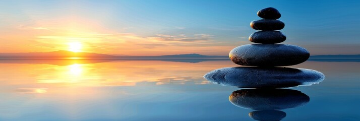 Tranquil zen stones in peaceful waters reflect mesmerizing sunset in serene dance - obrazy, fototapety, plakaty