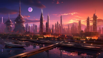 Futuristic city panorama with skyscrapers at night.