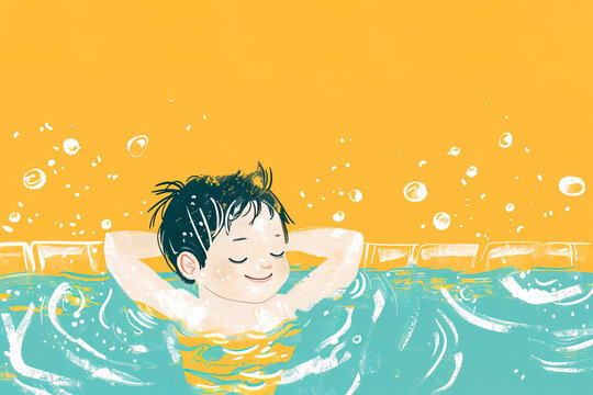 Child swimming joyfully in sunny pool illustration. Generative AI image