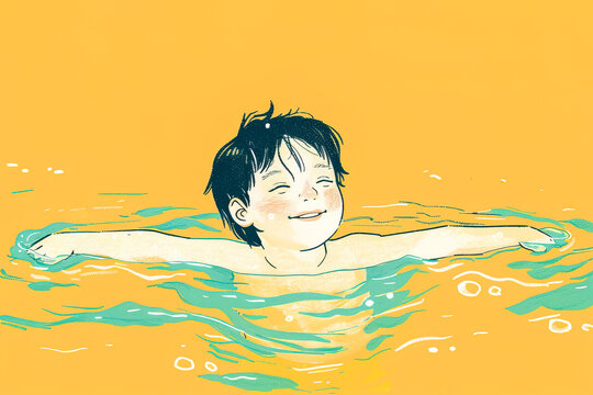 Illustration of happy child swimming in a pool. Generative AI image